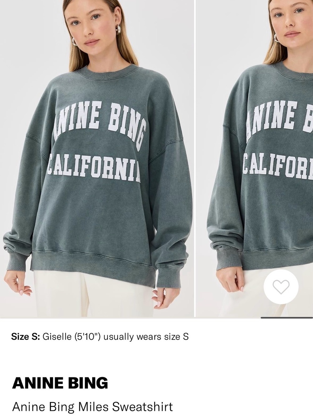 Anine Bing Miles Crewneck Sweatshirt — Slate Green with White Lettering